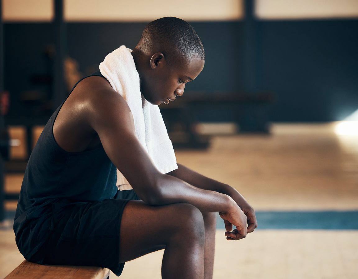 Tired teenage athlete sitting alone on a bench in a weight room with a towel over his shoulders