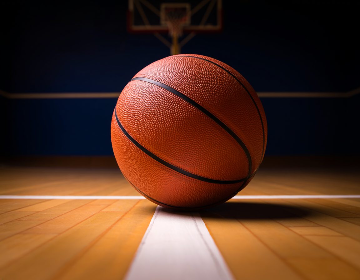 Basketball resting on the free throw line of an empty gym
