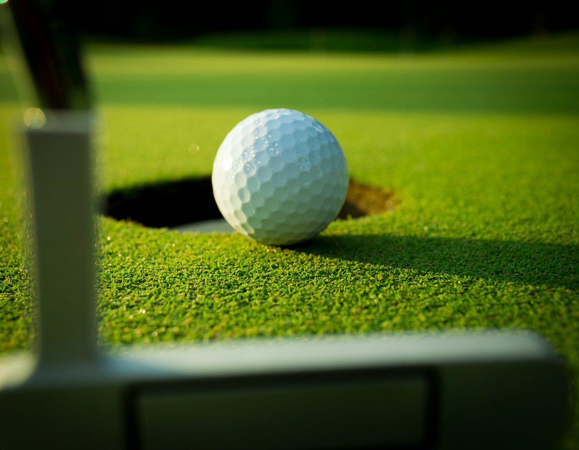 Golf ball a few inches from the hole on a putting green, putter in the foreground