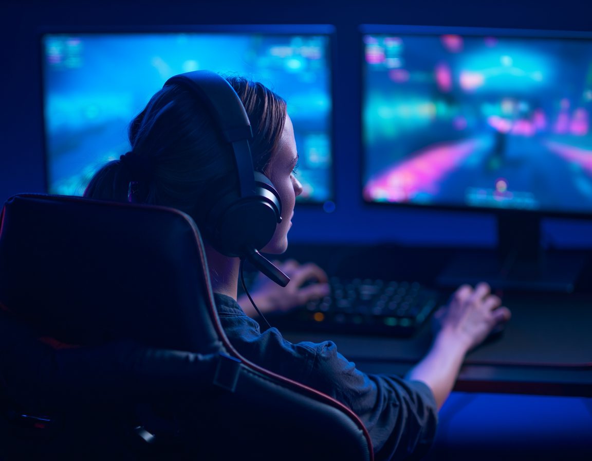 Competitive gamer with a headset playing at a two-monitor setup in a dark room