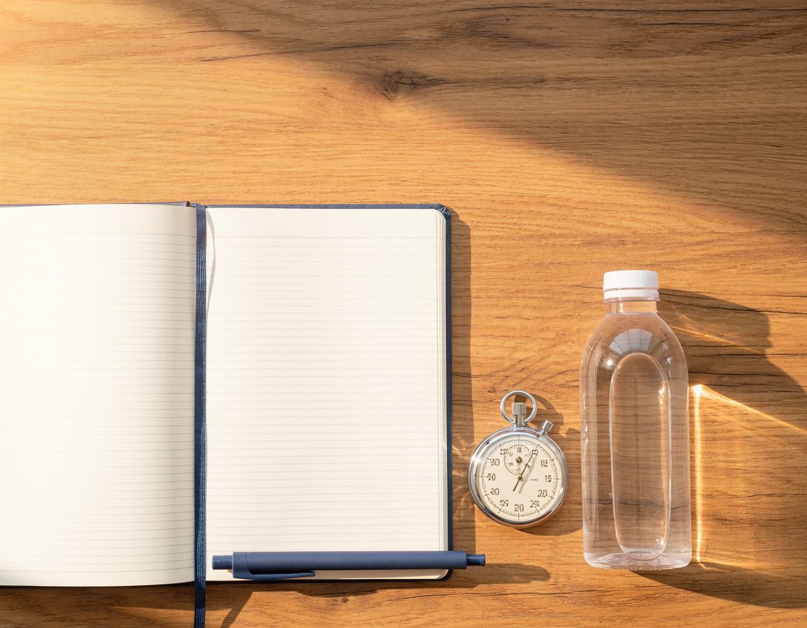Open blank notebook, pen, stopwatch and water bottle on a wooden table